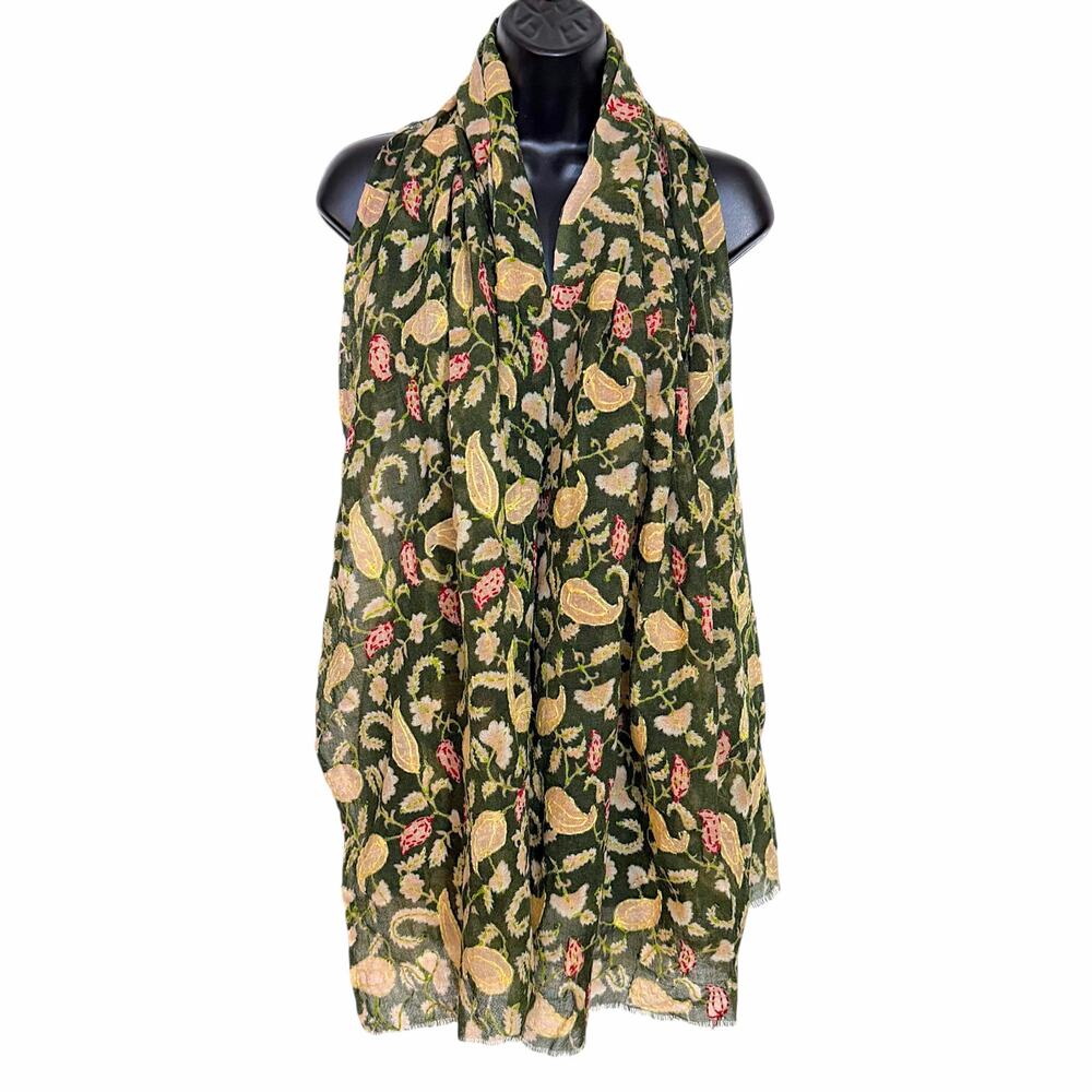 Vismaya 100% Wool Embroidered Paisley Floral Scarf Shawl Wrap Olive Green Pink
